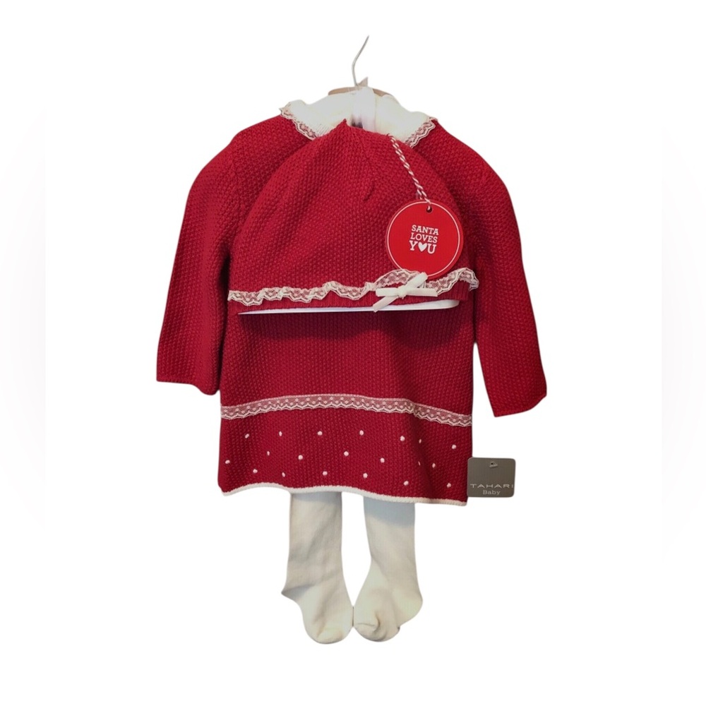 Tahari Baby NWT 3-Piece Holiday Red Knit Baby Dress, Hat and Cream Tights